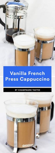 three different types of french press cappuccino coffee maker with the words, vanilla french press cappuccino