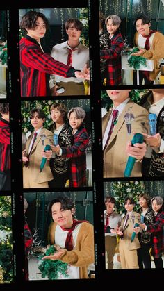 the collage shows people dressed up in christmas attire and holding gifts, posing for pictures