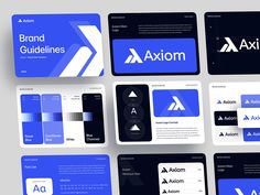 various business cards with the name axiom written on one side and an arrow symbol on the other