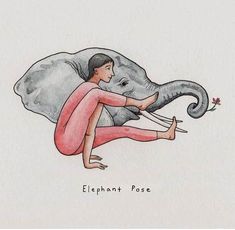 a drawing of an elephant and a woman with her leg in the air, touching each other's tusks