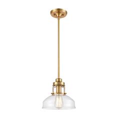 an antique brass finish pendant light with clear glass shades