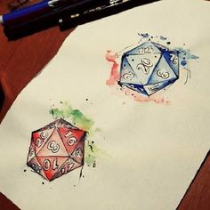 two dices are drawn on paper next to a pen and ink drawing with markers