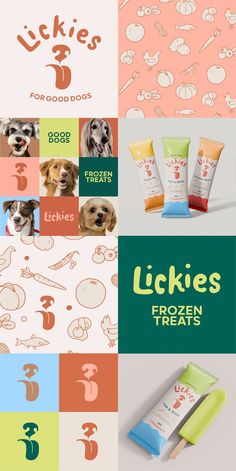 an assortment of logos and packaging designs for dog treats, such as toothpaste