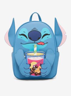 a blue backpack with a cartoon character holding a drink