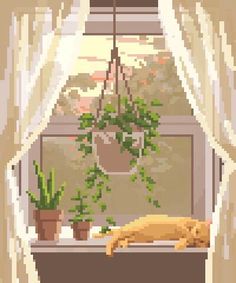 a cat sleeping on a window sill in front of a potted plant next to a window