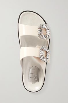 Cream Slidy Viv Swarovski crystal-embellished leather slides | Roger Vivier | NET-A-PORTER Luxury Rhinestone Mules For Summer, Luxury Rhinestone Summer Mules, Luxury Summer Mules With Rhinestones, Luxury Summer Rhinestone Mules, Designer Embellished Mules, Leather Mules With Rhinestones, Designer Leather Sandals With Rhinestones, Roger Vivier Shoes, Slides Sandals