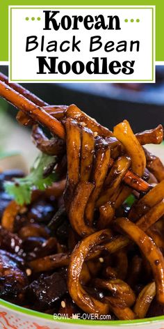 korean black bean noodles on a plate with chopsticks in the foreground and text overlay that reads, korean black bean noodles