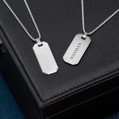 If you’re looking for a stylish and unique gift for that special guy in your life, look no further than our beautiful Personalised Men's Brushed Steel Dog Tag Necklace! Perfect gift for birthdays, Father’s Day or Christmas (or just about any special occasion you can think of!) - that dapper man in your life is sure to cherish such a thoughtful and stylish gift. Whether he wears it everyday or saves it for special occasions, this gorgeous necklace is sure to impress.Personalise his brushed steel necklace with his name so everyone knows whose it is. And our personalisation team will do the rest, engraving it onto the pendant, and creating a beautiful gift that will add some extra pizazz to any outfit. He'll love showing off his new necklace to friends and family alike and they’re sure to be Mens Dog Tag Necklace, Guy Jewelry, Dad Jewelry, Signature Necklace, Man And Dog, Silver Jewelry Design, Personalised Gifts For Him, Brushed Steel, Steel Necklace