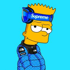 the simpsons is wearing a helmet and goggles on his head, with words that read supreme