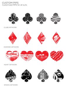 the different shapes and sizes of hearts are shown in red, black, and white