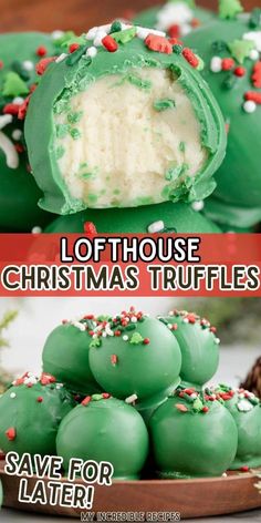 green christmas truffles with white frosting and sprinkles on them