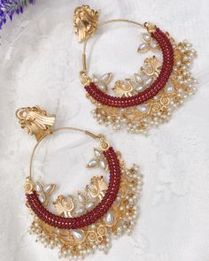 Designer hoppy style Bali earring. Micro gold plated with bead work. Light weight and color lasting gold plated. Medium yo big size. About 4 inch long and 3 inch wide. maroon and white pearl work. Gold Hoop Earrings With Pearl Drop For Festivals, Traditional Gold Hoop Earrings With Pearl Drop, Festive Temple Jewelry Hoop Earrings With Pearl Drop, Festive Pearl Drop Hoop Earrings For Festivals, Handmade Gold Bollywood Hoop Earrings, Traditional Earrings With Gold Beads, Traditional Gold Beaded Earrings, Gold Hoop Earrings With Dangling Beads For Wedding, Festive Gold Beaded Earrings With Pearl Drop