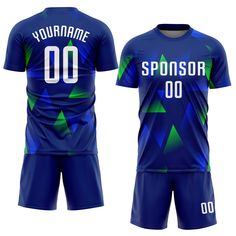 a soccer jersey with the name sponsor 00 on it, and shorts are shown in blue