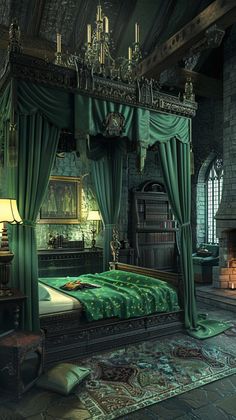 a bedroom with a canopy bed and green drapes on the ceiling, along with an ornate fireplace