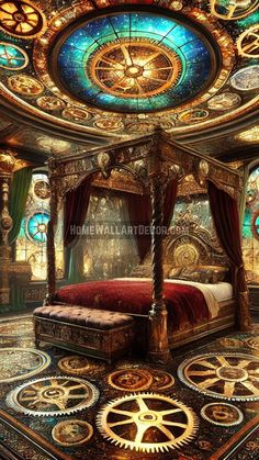 a bedroom with an elaborate bed and lots of clocks on the ceiling, along with large circular stained glass windows