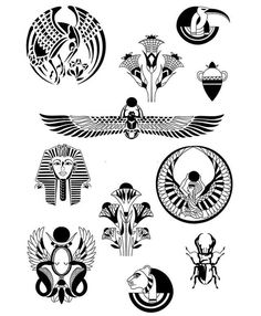 the egyptian symbols and their meaningss are shown in black and white, as well as an