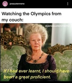 an older woman sitting in a green chair with the caption watching the olympics from my couch