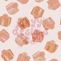 many pink boxes with bows on them are shown in this seamless pattern, which is also available for wallpaper