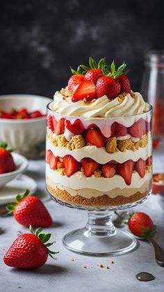 a layered cake with strawberries on top and other desserts around it, including strawberries