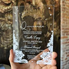 Celebrate your daughter's special Quinceañera with our stunning clear acrylic invitations that are sure to impress your guests and create lasting memories. These invitations are a perfect blend of elegance and glamour, featuring a luxurious mirror foil detail in the shape of a golden crown fit for a princess. Key Features: Available in translucent satin plexiglass and transparent plexiglass Unique and premium design perfect for Quinceañera celebrations Durable, thick plexiglass material that sta Quince Invite, Sweet 15 Invitations, Invitations Quinceanera, Quince Invitations, Acrylic Invitation, Luxury Mirror, Quince Ideas, Planner Business, Acrylic Invitations