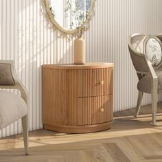 a wooden cabinet sitting in front of a mirror next to two chairs and a table