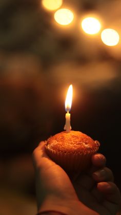 a person holding a cupcake with a lit candle in the middle of their hand