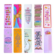 six bookmarks with different sayings and pictures on them, all lined up in rows