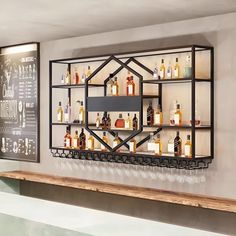 an empty bar with liquor bottles on the shelves