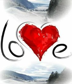 a red heart with the word love painted on it in black and white, over a snowy landscape