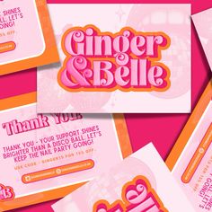 some pink and orange business cards with the words ginger & bellie on them,