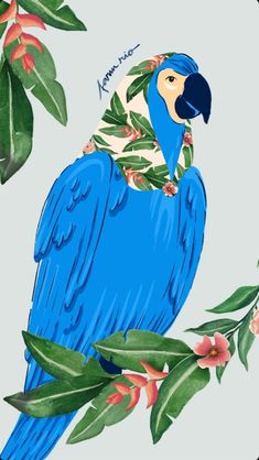 a blue parrot sitting on top of a tree branch with leaves and flowers around its neck