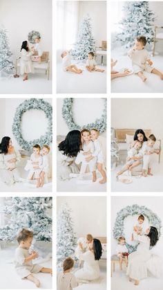 a collage of photos with children in white outfits and christmas decorations around the room