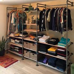 an organized closet with clothes hanging on racks and baskets in front of the door, next to a potted plant