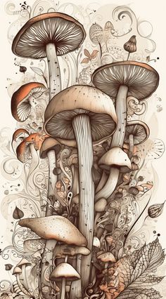 an artistic drawing of mushrooms and leaves in the forest with ink art work on it