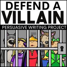 a book cover for defend a villain persuusive writing project with cartoon characters in jail cell