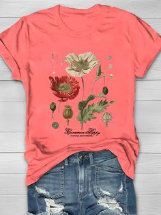 Floral Graphic, Dark Olive Green, Shoulder Length, Graphic Prints, Black Shirt, Tee Shirt, Length Sleeve, Round Neck, Tee Shirts