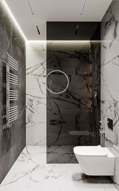 a modern bathroom with marble walls and flooring, along with a white bathtub