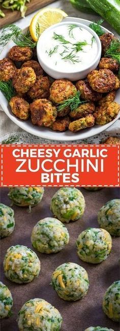 the cover of cheesy garlic zucchini bites, with cucumbers and dip