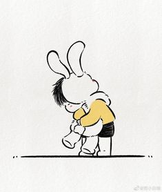 a drawing of a person hugging a bunny