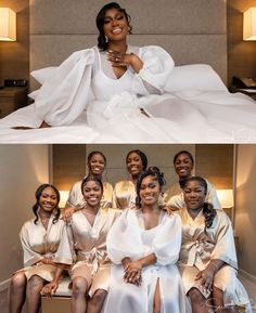 the bride and her bridal party are posing for pictures in their wedding gowns