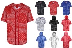 Men's bandana printed baseball jersey Color : Red, Blue, White, Black Size : Small to 5XL Material : 60% Cotton 40% Poly Fit : Regular fit ( True to Size ) Size chart                                S               M              L                XL              2XL             3XL           4XL          5XL Chest                   21               22            23               24               25               26               27            28 Bottom                21               22 Casual Red Crew Neck Baseball Jersey, Red Baseball Collar Top For Streetwear, Streetwear Cotton Tops With Bandana Print, Casual Red Cotton Baseball Jersey, Red Cotton Casual Baseball Jersey, Casual Red Short Sleeve Baseball Jersey, Cotton Bandana Print Top For Streetwear, Cotton Top With Bandana Print For Streetwear, Red Casual Baseball Jersey With Graphic Print