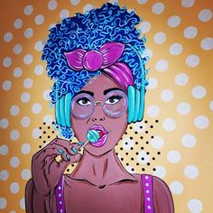 a painting of a woman wearing headphones and holding a toothbrush in her mouth