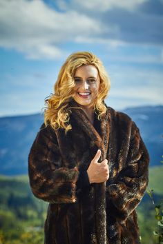 This is a luxurious women's full length coat with 3/4 sleeve and a shawl collar.  It is made from high fashion faux fur mink/sable fabric in brown with two invisible side pockets built into the seam. Luxury Coat, Girls Fur, Full Length Coat, Mink Coat, Brown Fall, Women Shawl, Shawl Collar, Jacket Coat, High Fashion