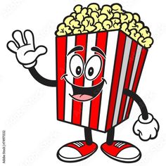 a cartoon popcorn bucket character waving and holding his hand up to the side with both hands