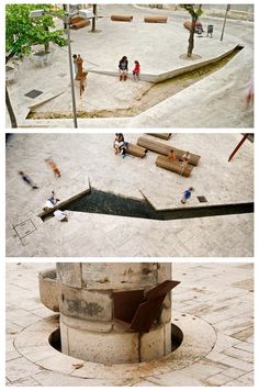 three different shots of people playing in an open air area with benches and water features