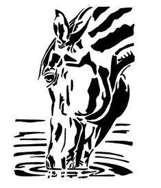 a black and white drawing of a horse running in the water with it's head down