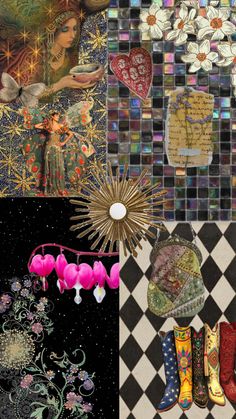 collage of images with flowers, hearts, and other things in the middle one is an umbrella