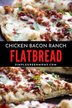 chicken bacon ranch flatbread pizza on a baking sheet with text overlay that reads, chicken bacon ranch flatbread