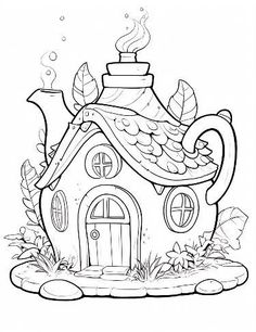 a house with a teapot on the roof and leaves around it, outlined in black and white