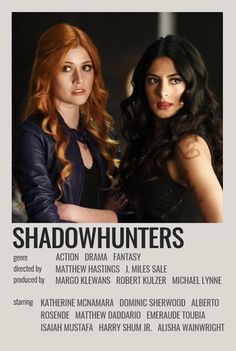 two women standing next to each other in front of a white poster with the words shadow hunters on it